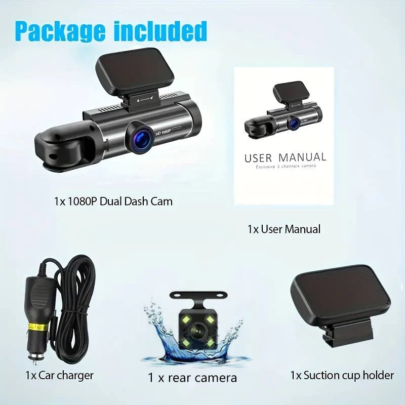 170° Wide View Dash Cam with 1080p Triple Lens, G-Sensor, Night Vision & Loop Recording Technology