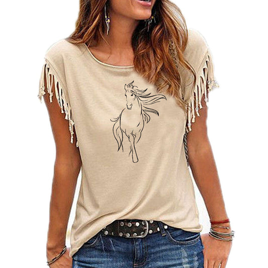 2020 New Creative Horse Women Cotton Tassel Casual T-shirt Clothing animals Tees Short Sleeve O-neck Women&#39;s t shirt