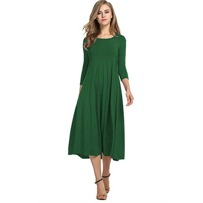 2022 Spring Autumn Fashion Women&amp;#39;s Ladies Mid Sleeve Long Dress Crew Neck Solid Color Big Hem Plus Size Female Party Casual Wear