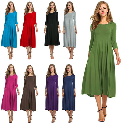 2022 Spring Autumn Fashion Women&amp;#39;s Ladies Mid Sleeve Long Dress Crew Neck Solid Color Big Hem Plus Size Female Party Casual Wear