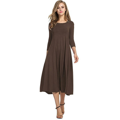 2022 Spring Autumn Fashion Women&amp;#39;s Ladies Mid Sleeve Long Dress Crew Neck Solid Color Big Hem Plus Size Female Party Casual Wear