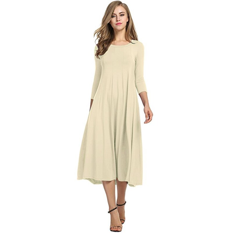 2022 Spring Autumn Fashion Women&amp;#39;s Ladies Mid Sleeve Long Dress Crew Neck Solid Color Big Hem Plus Size Female Party Casual Wear