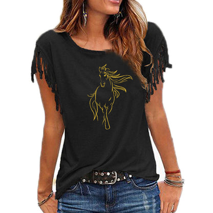 2020 New Creative Horse Women Cotton Tassel Casual T-shirt Clothing animals Tees Short Sleeve O-neck Women&#39;s t shirt