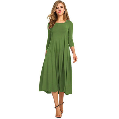 2022 Spring Autumn Fashion Women&amp;#39;s Ladies Mid Sleeve Long Dress Crew Neck Solid Color Big Hem Plus Size Female Party Casual Wear