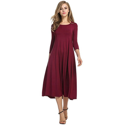 2022 Spring Autumn Fashion Women&amp;#39;s Ladies Mid Sleeve Long Dress Crew Neck Solid Color Big Hem Plus Size Female Party Casual Wear