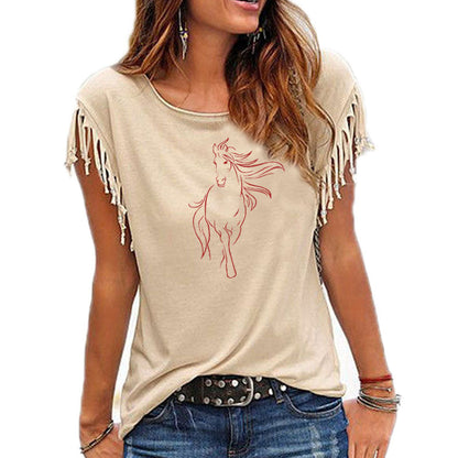 2020 New Creative Horse Women Cotton Tassel Casual T-shirt Clothing animals Tees Short Sleeve O-neck Women&#39;s t shirt