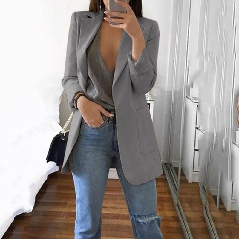 Blazer Women Blazers And Jackets Lapel Slim Office Ladies Coat Open Stitch Long Sleeve Pocket Cardigan Casual Suit Blazers Mujer