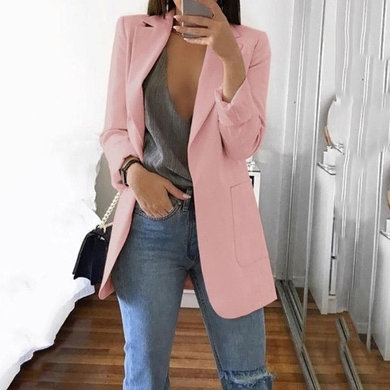 Blazer Women Blazers And Jackets Lapel Slim Office Ladies Coat Open Stitch Long Sleeve Pocket Cardigan Casual Suit Blazers Mujer